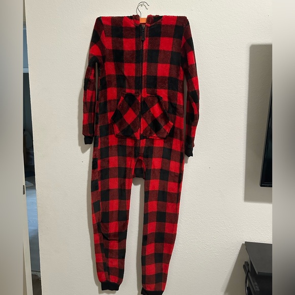 Red and Black Plaid Onesie Hooded Pajamas - Picture 2 of 3